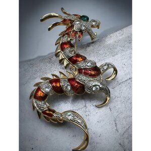 Vintage Gold-Tone Dragon Brooch With Red Enamel & Clear Crystal Accents Emerald